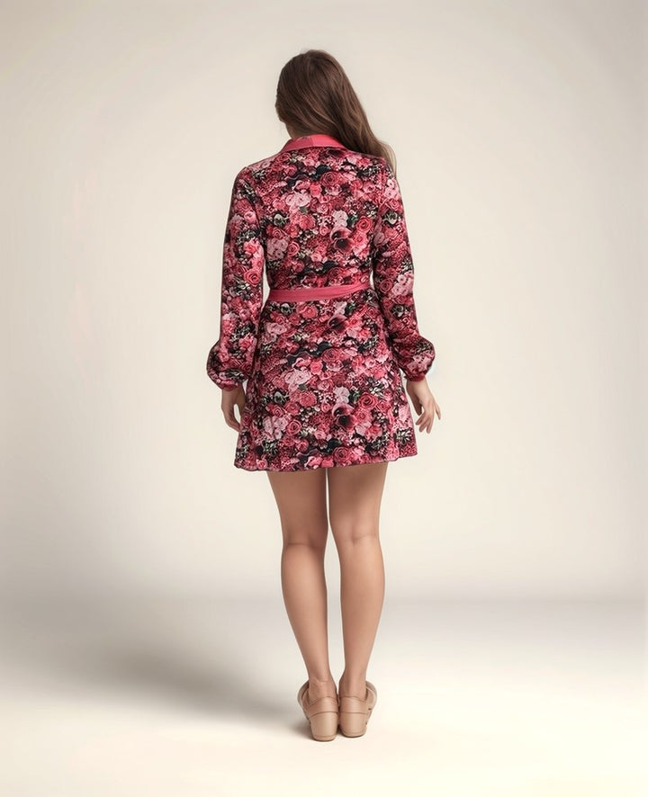 Printed Wrap Pink Dress With Shawl Collar