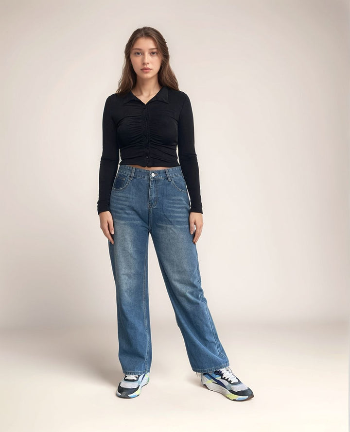 Cropped Black Ruched Shirt
