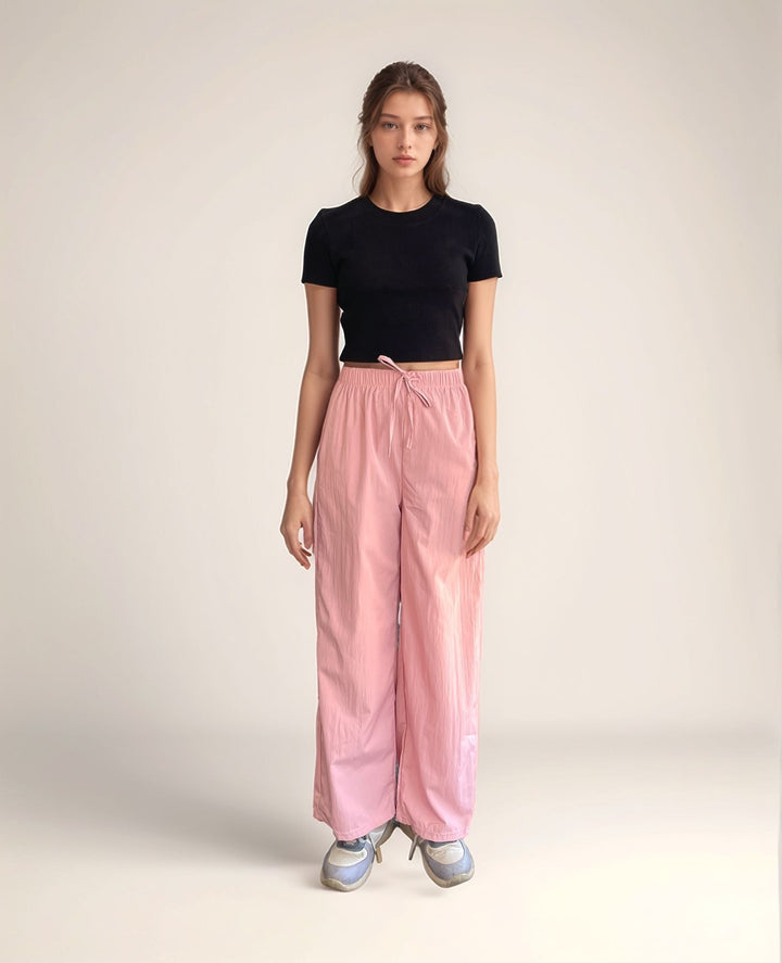 Solid Pink Textured Wide Leg Trouser