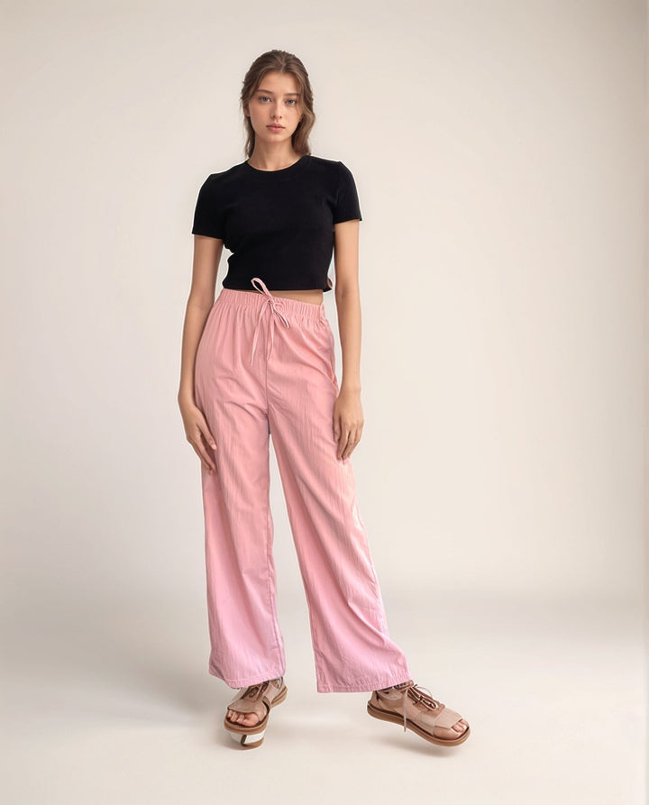 Solid Pink Textured Wide Leg Trouser