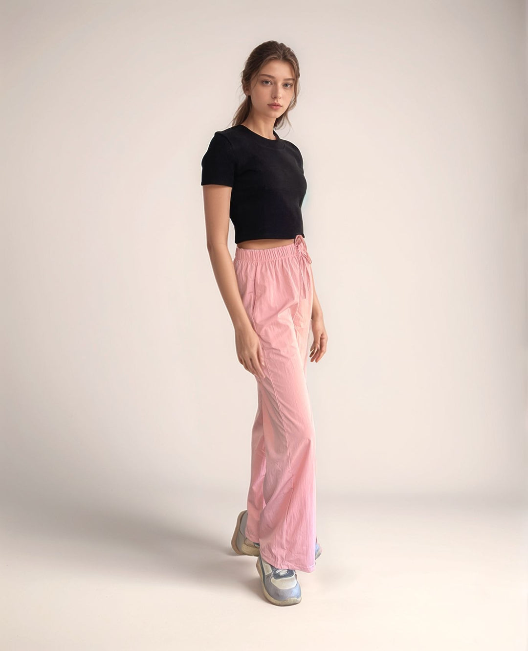 Solid Pink Textured Wide Leg Trouser