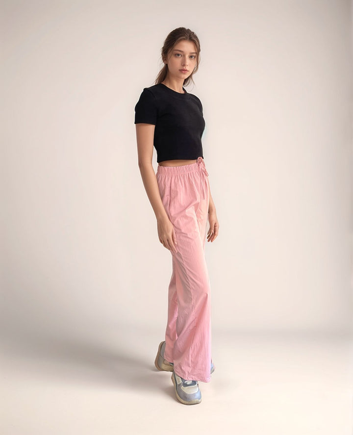 Solid Pink Textured Wide Leg Trouser