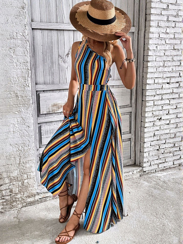 One Shoulder Multi Maxi Dress With Slit