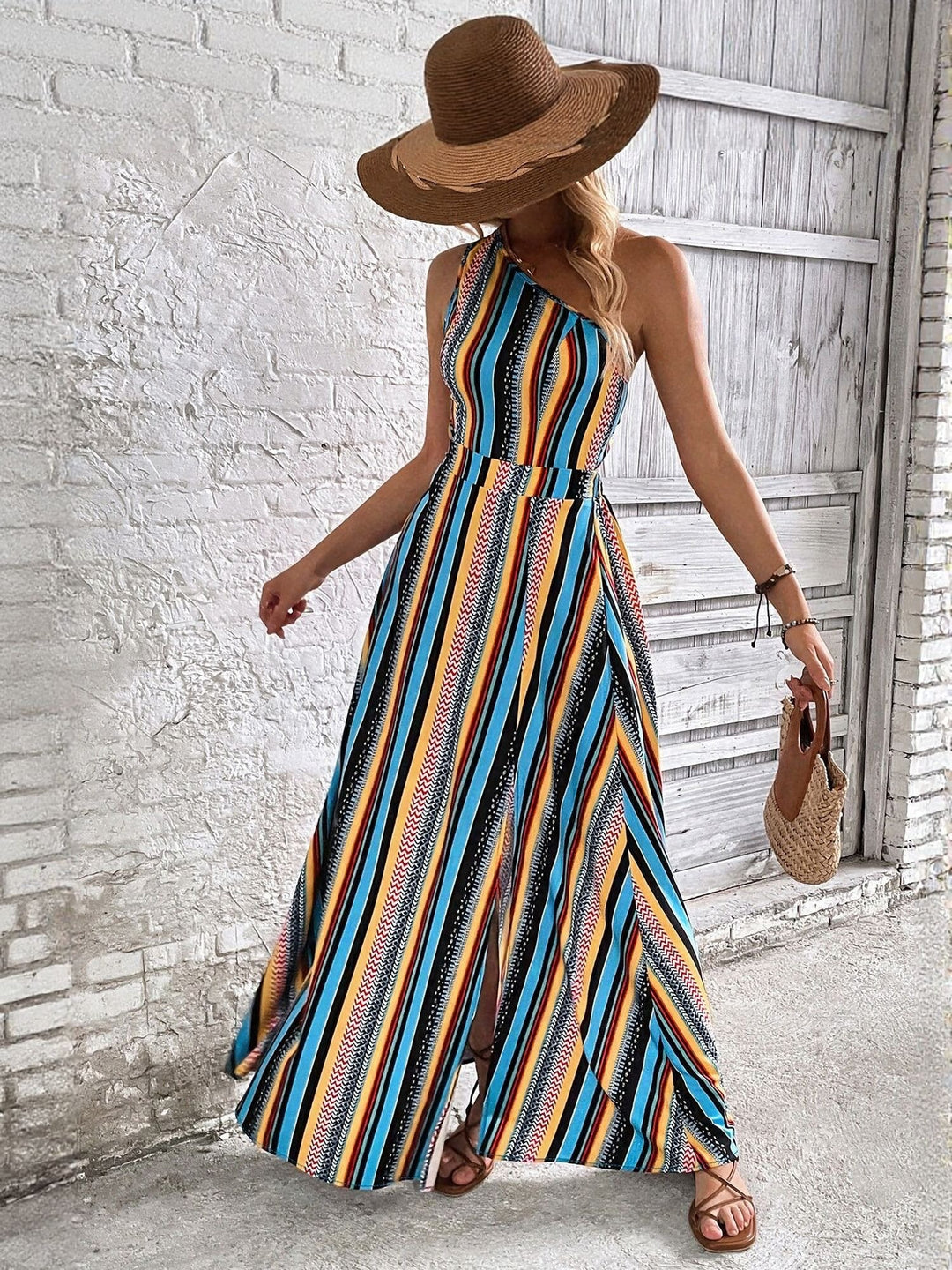 One Shoulder Multi Maxi Dress With Slit