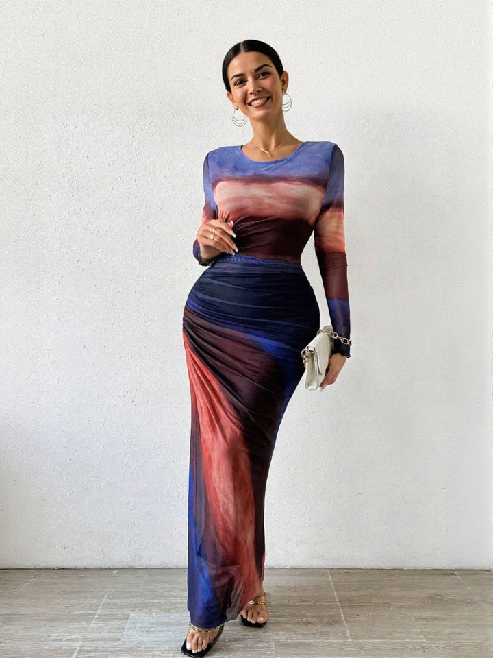Blue Digital Print Mesh Maxi Dress