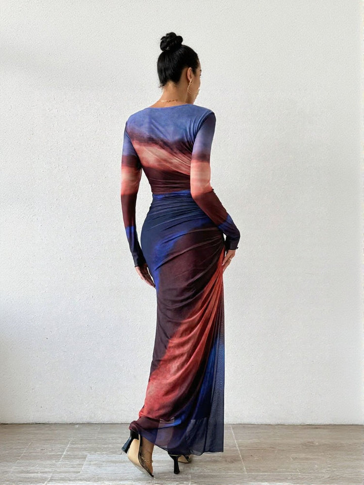 Blue Digital Print Mesh Maxi Dress