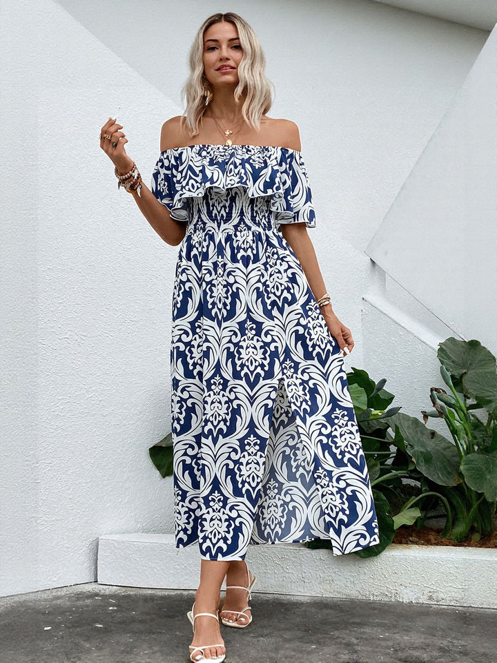 White All Over Point Off Shoulder High Slit Maxi