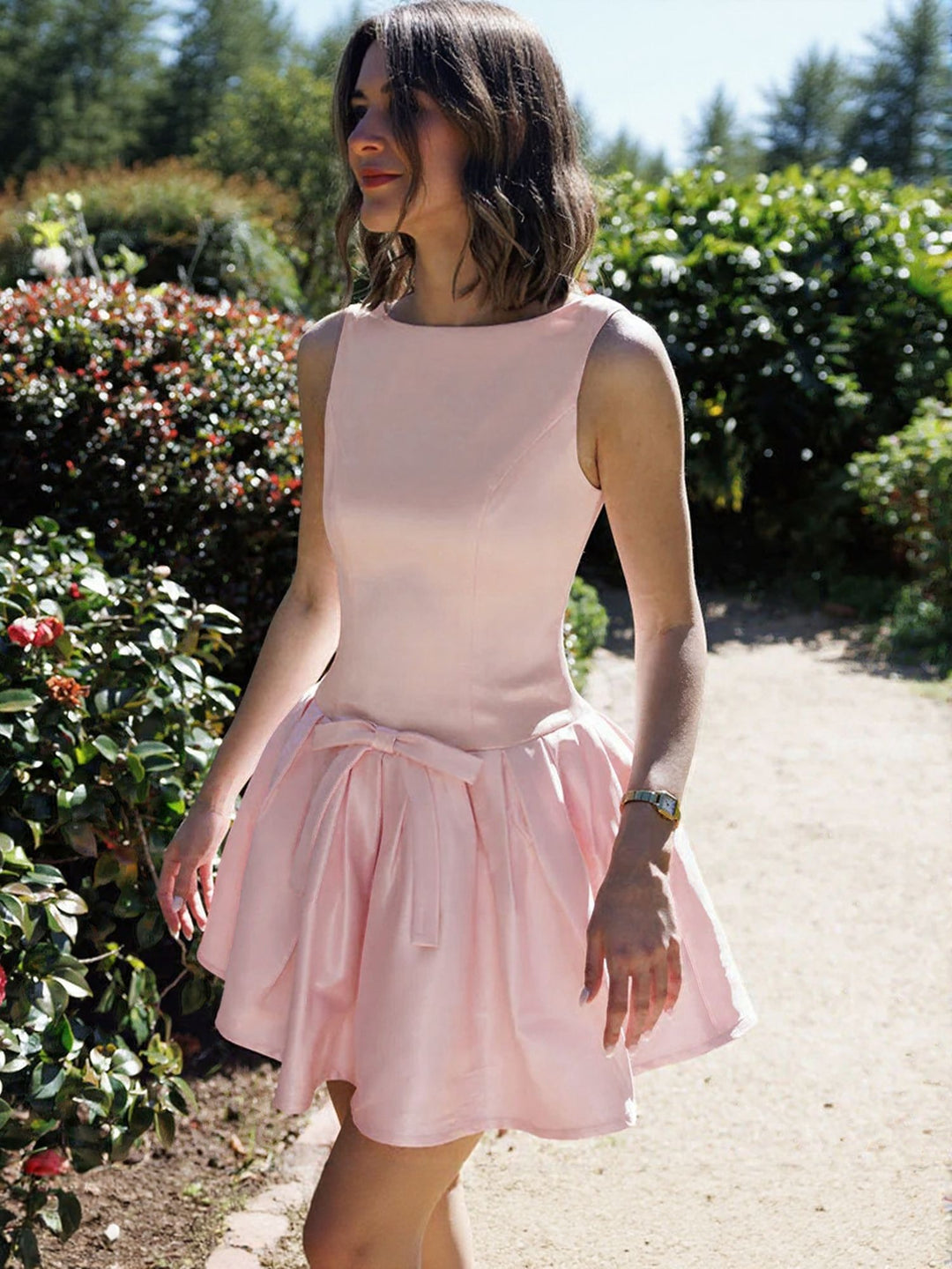 Pink Waist Gathered Bottom Mini Dress