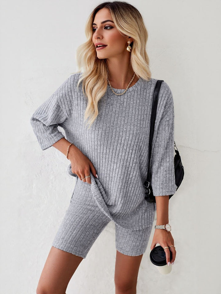Grey Ribbed Co Ord Set With Cycling Shorts