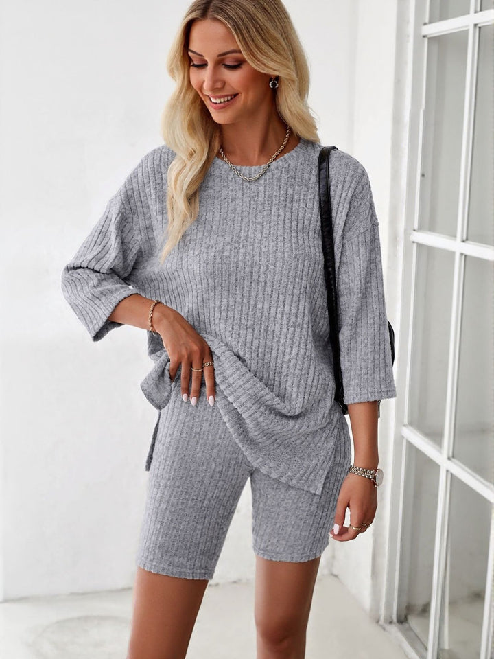 Grey Ribbed Co Ord Set With Cycling Shorts