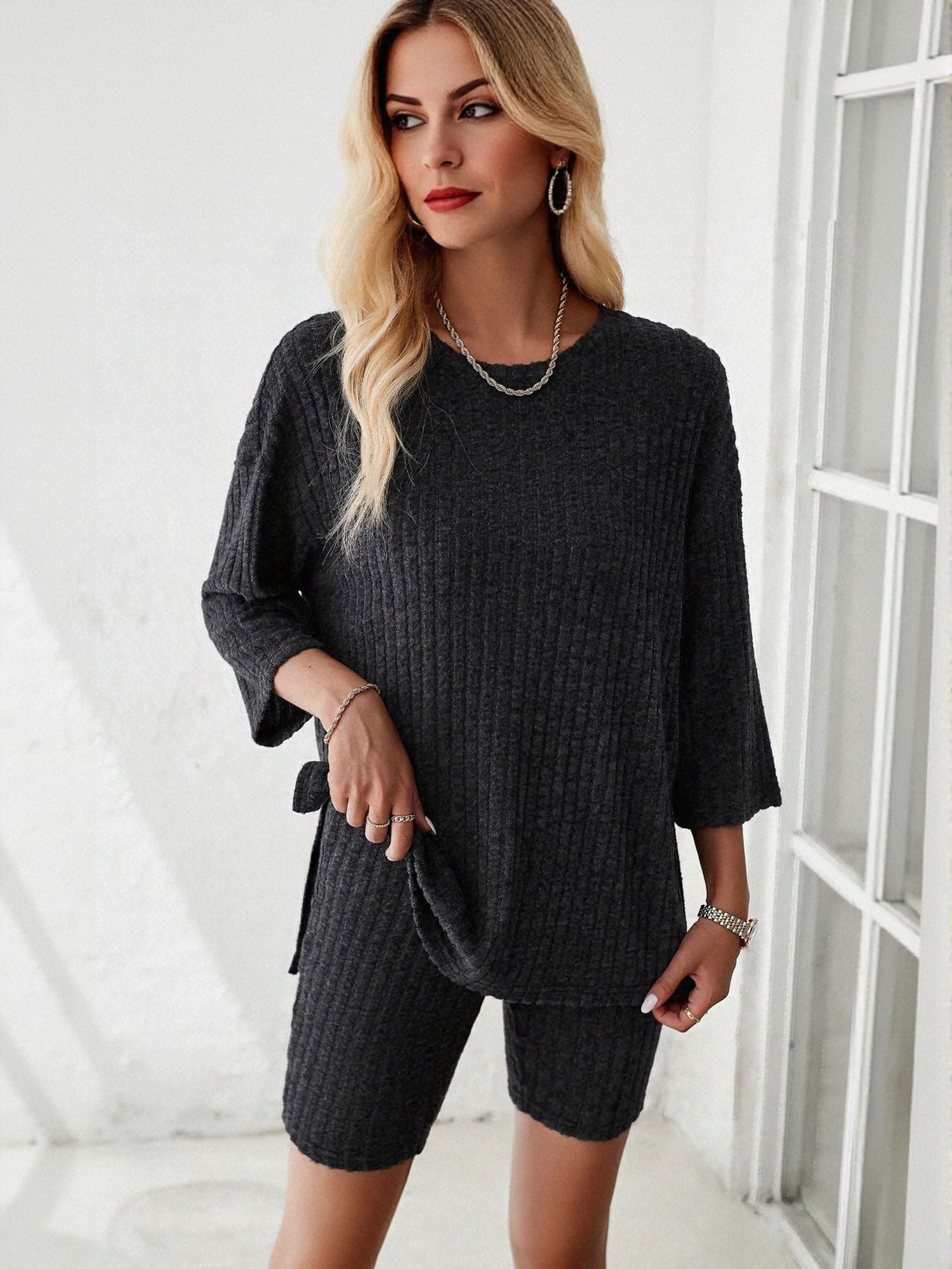Charcoal Ribbed Co Ord Set With Cycling Shorts