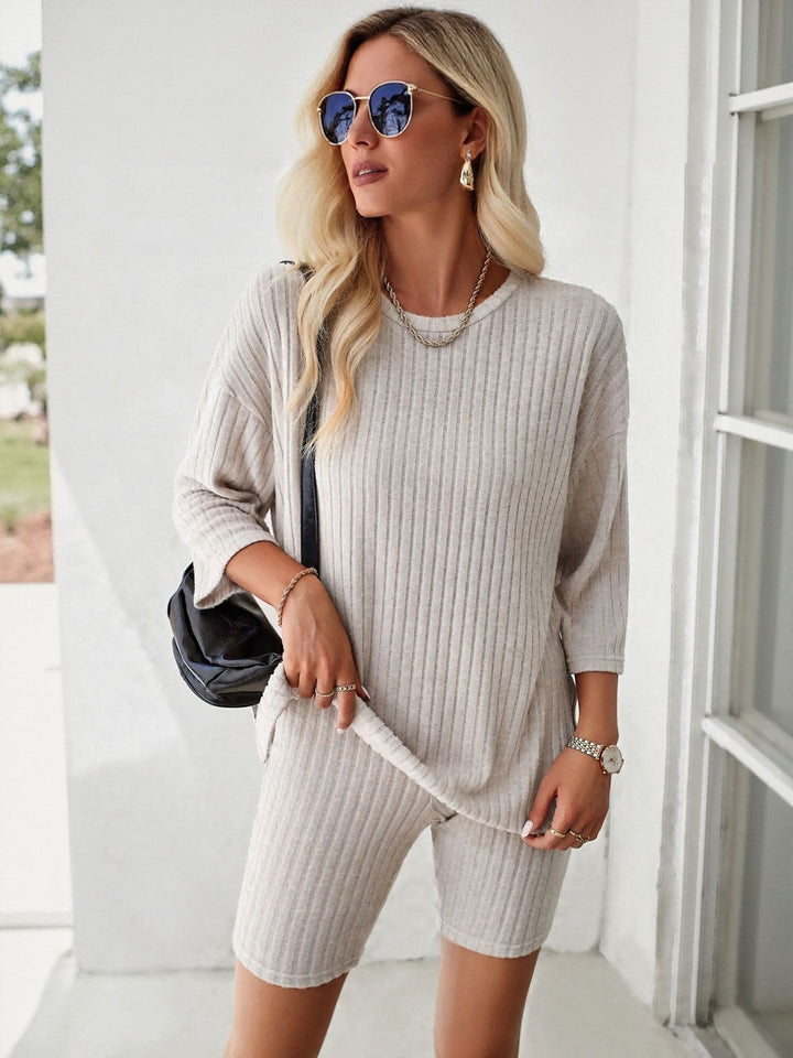 Cream Ribbed Co Ord Set With Cycling Shorts
