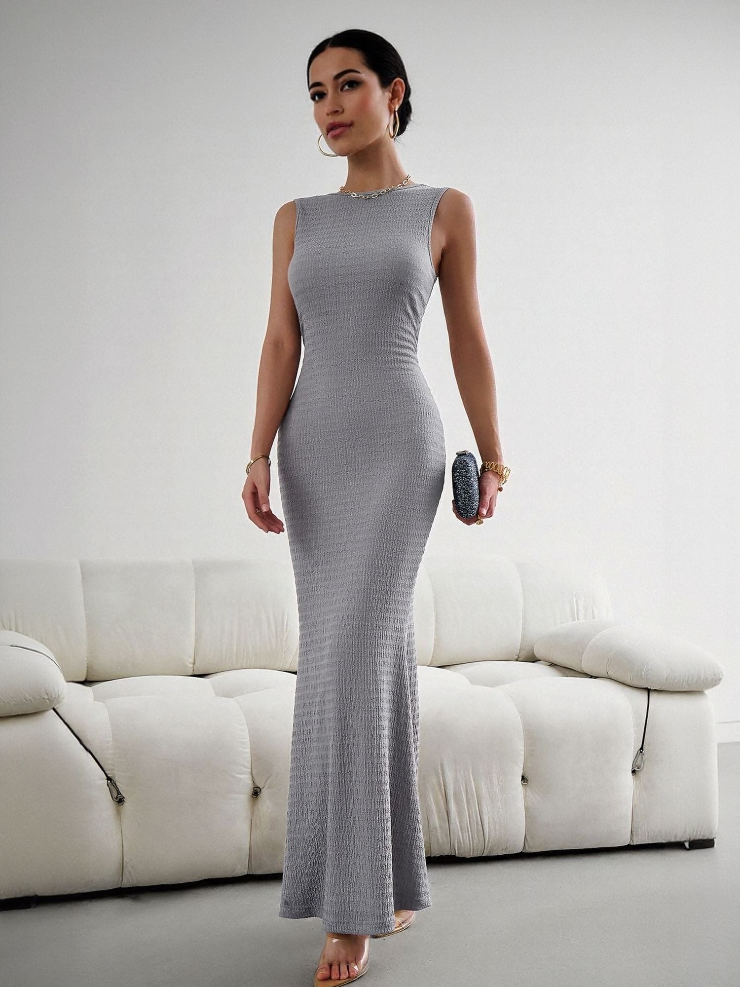 Grey High Neck Textured Maxi Dress