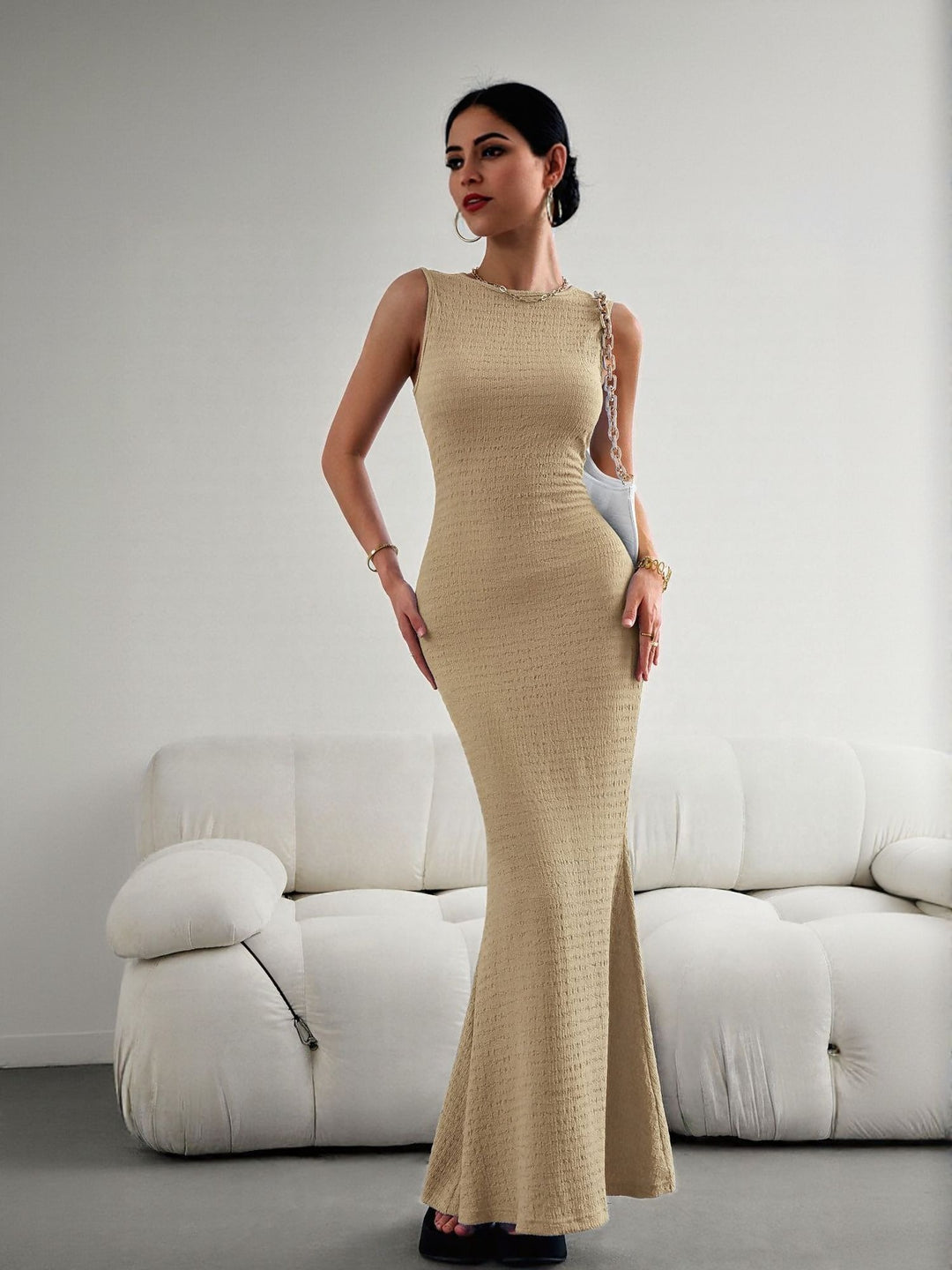 Khaki High Neck Textured Maxi Dress