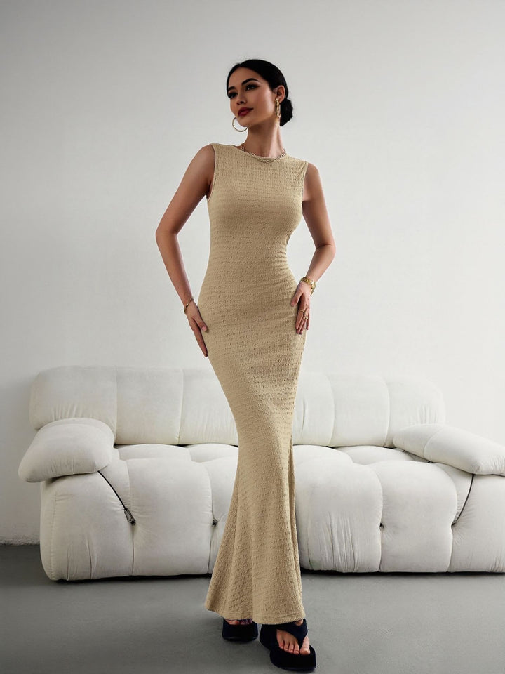 Khaki High Neck Textured Maxi Dress