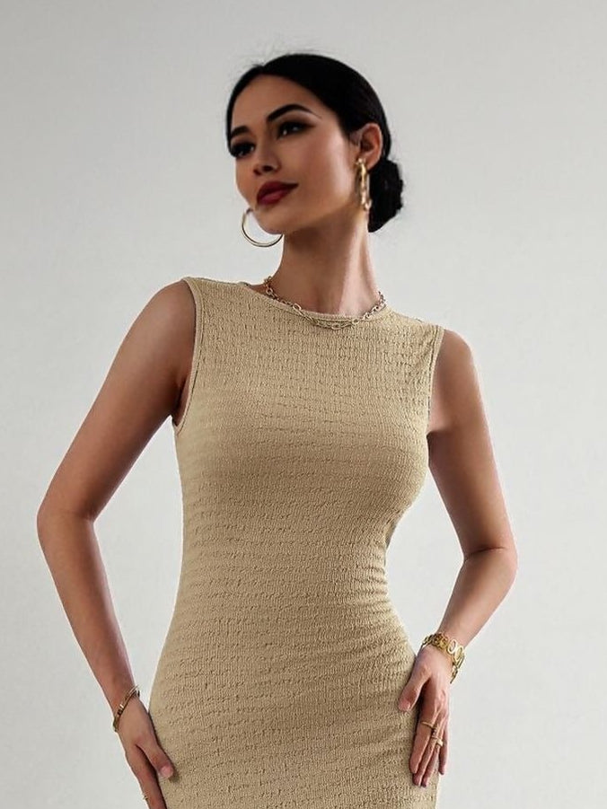 Khaki High Neck Textured Maxi Dress