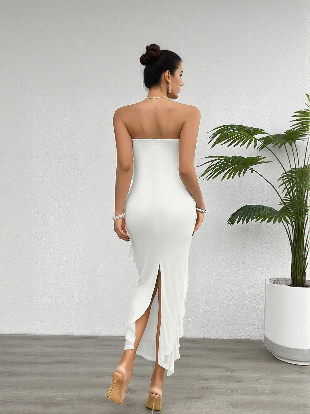 White Tube Dress With Tiered Frills
