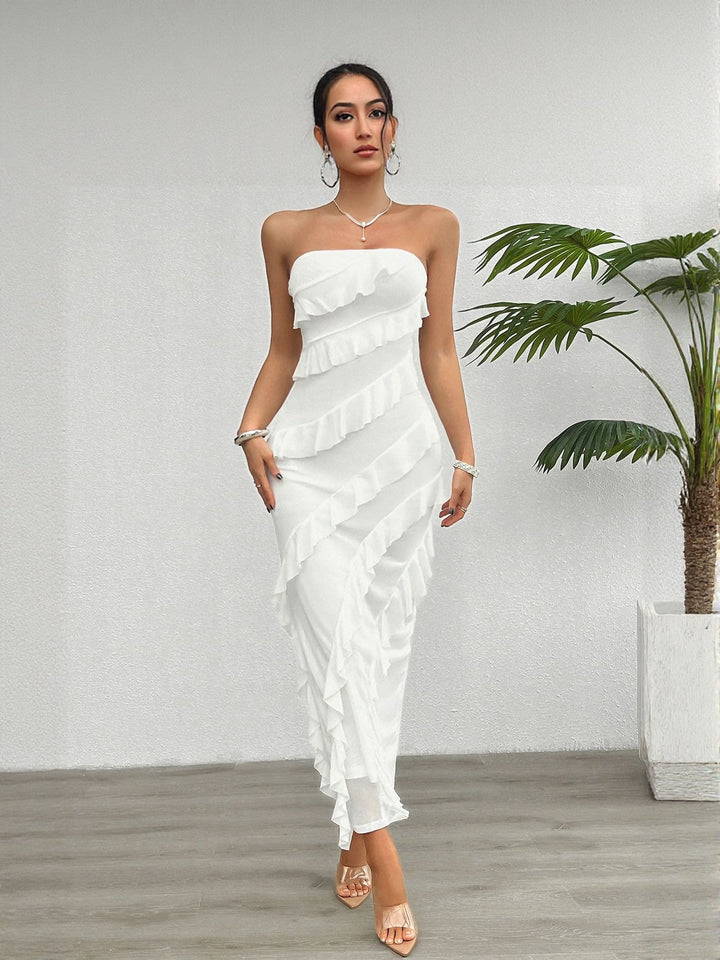 White Tube Dress With Tiered Frills