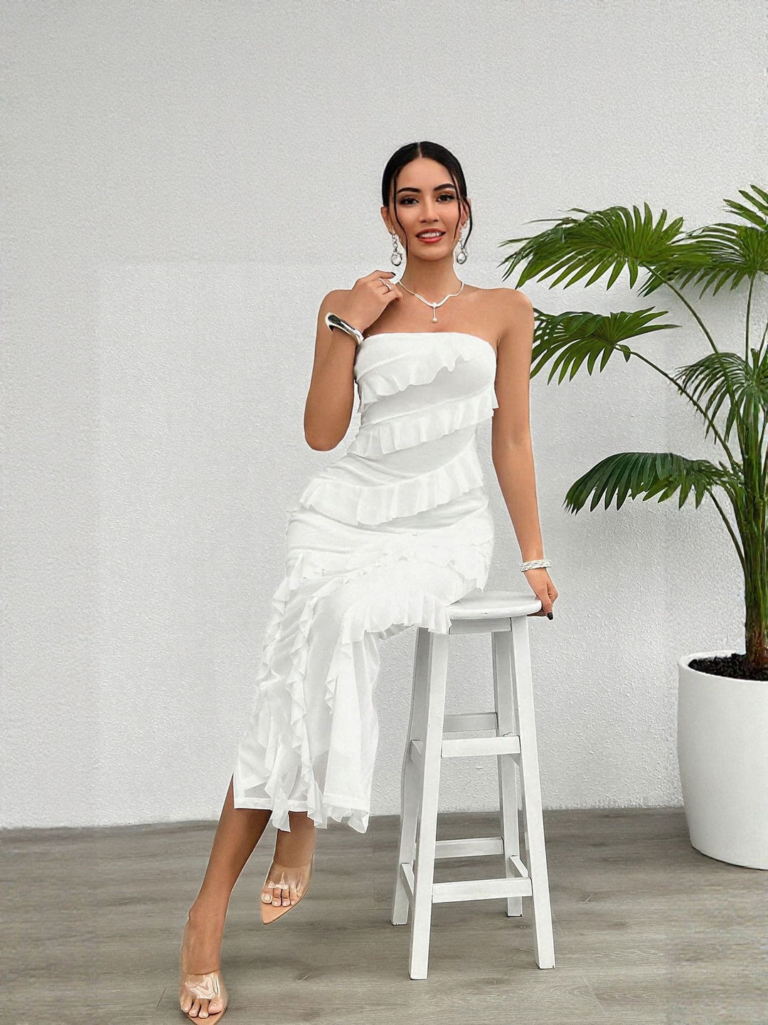 White Tube Dress With Tiered Frills