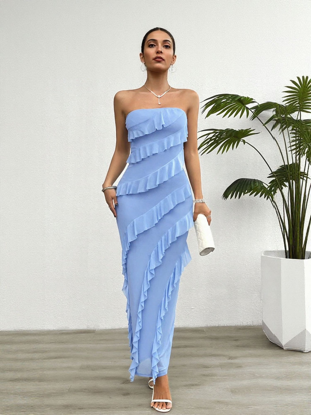 Blue Tube Dress With Tiered Frills