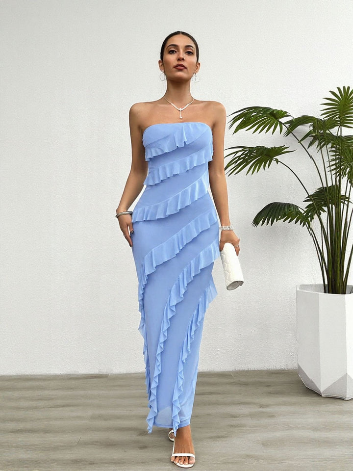 Blue Tube Dress With Tiered Frills