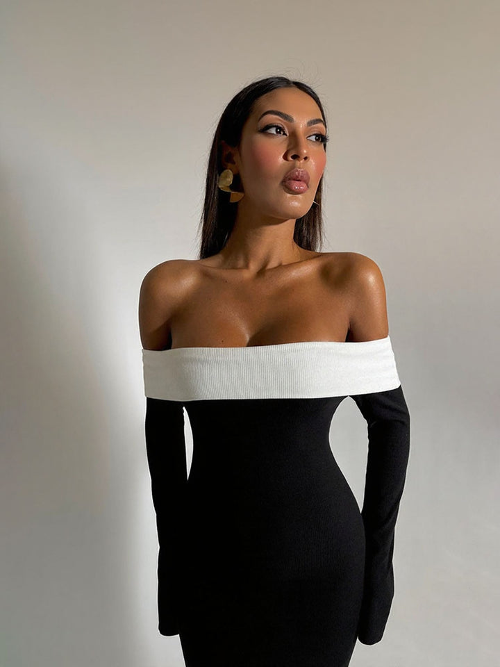 Black Contrast Off Shoulder Full Sleeves Maxi Dress