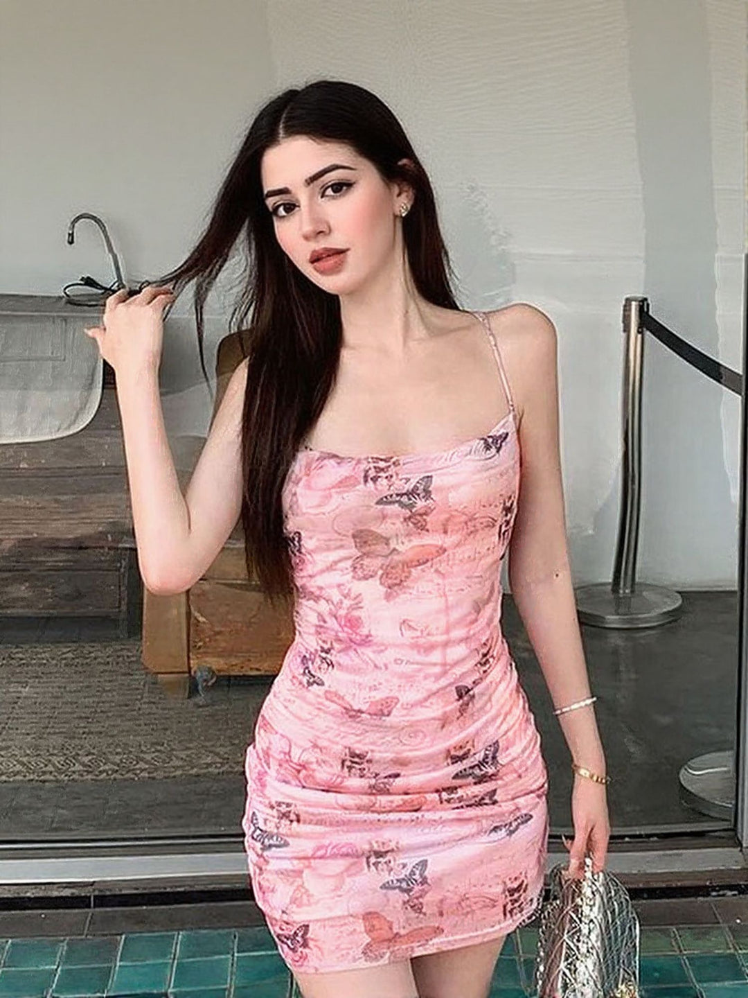 Pink Floral Print Slip Dress
