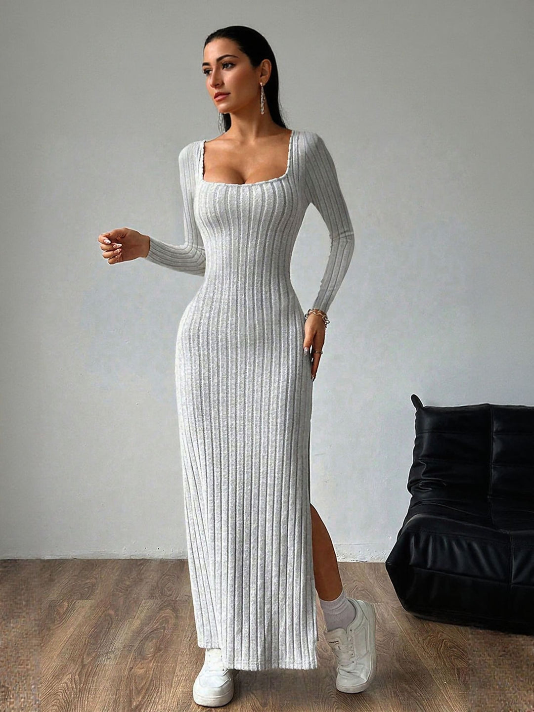 Grey Square Neck High Slit Maxi Dress