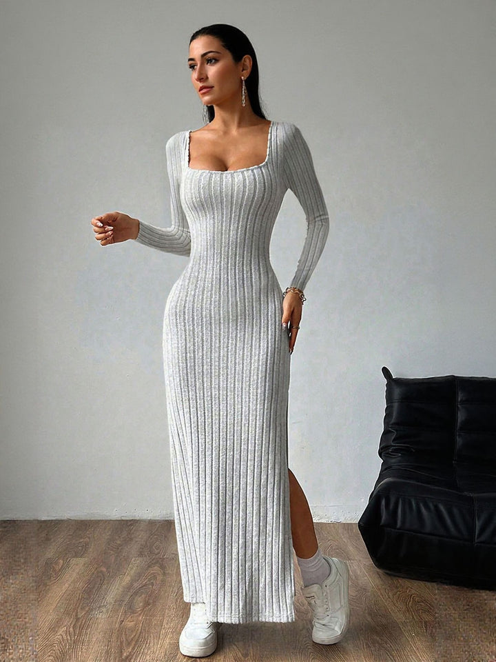 Grey Square Neck High Slit Maxi Dress