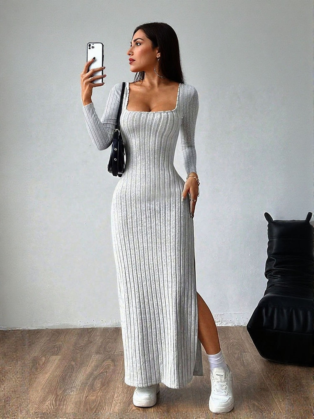 Grey Square Neck High Slit Maxi Dress