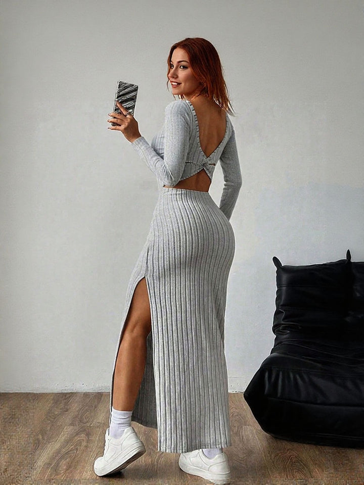 Grey Square Neck High Slit Maxi Dress