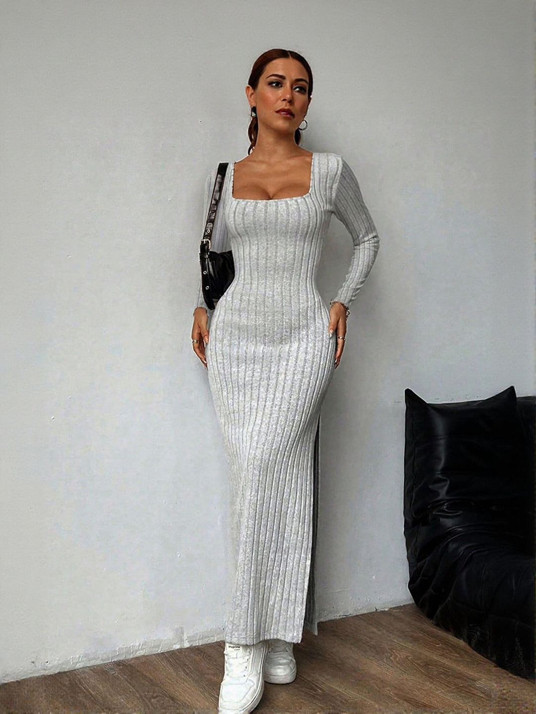 Grey Square Neck High Slit Maxi Dress