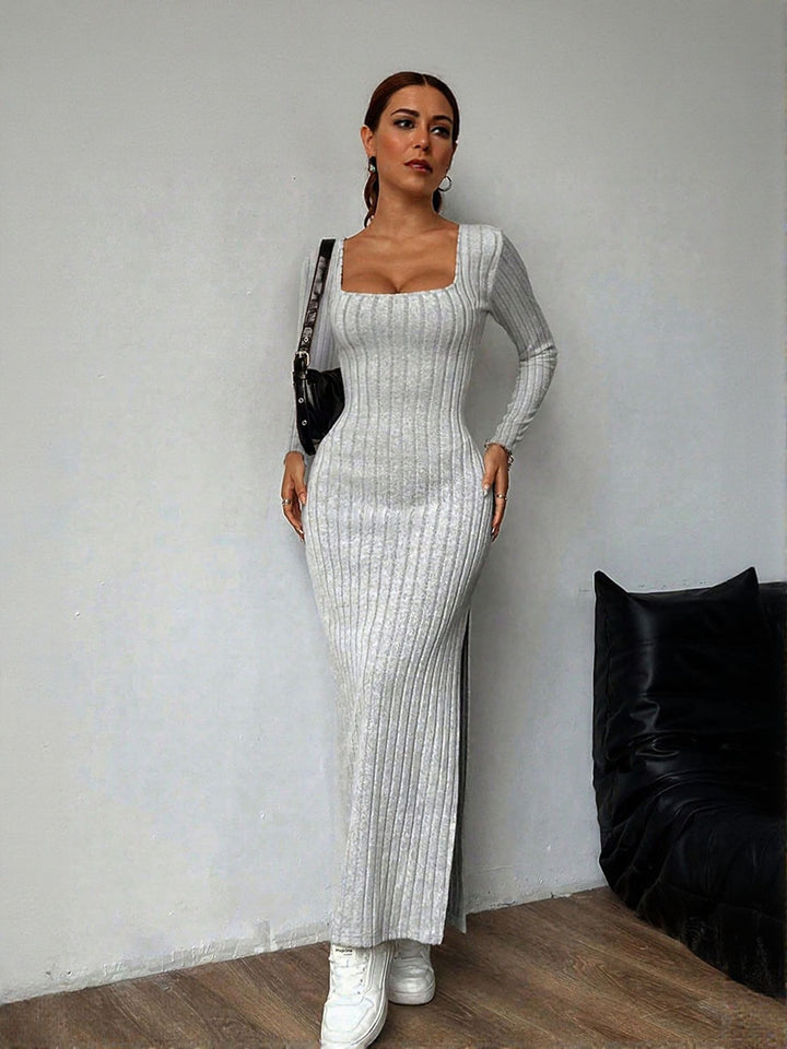 Grey Square Neck High Slit Maxi Dress