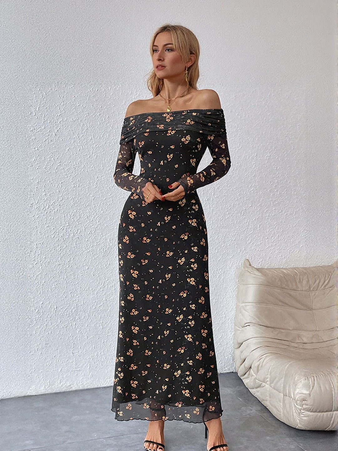 Black Floral Print Broad Neck Maxi Dress