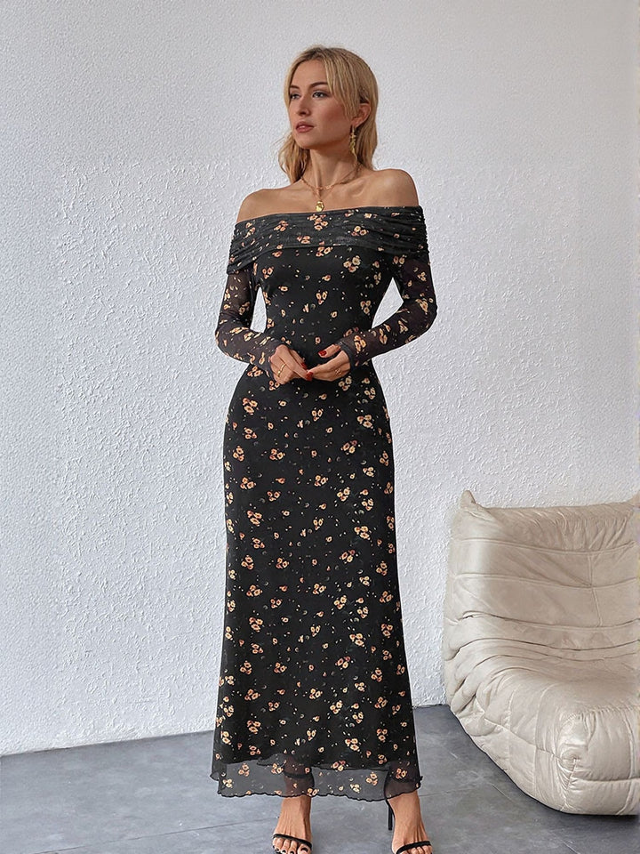 Black Floral Print Broad Neck Maxi Dress
