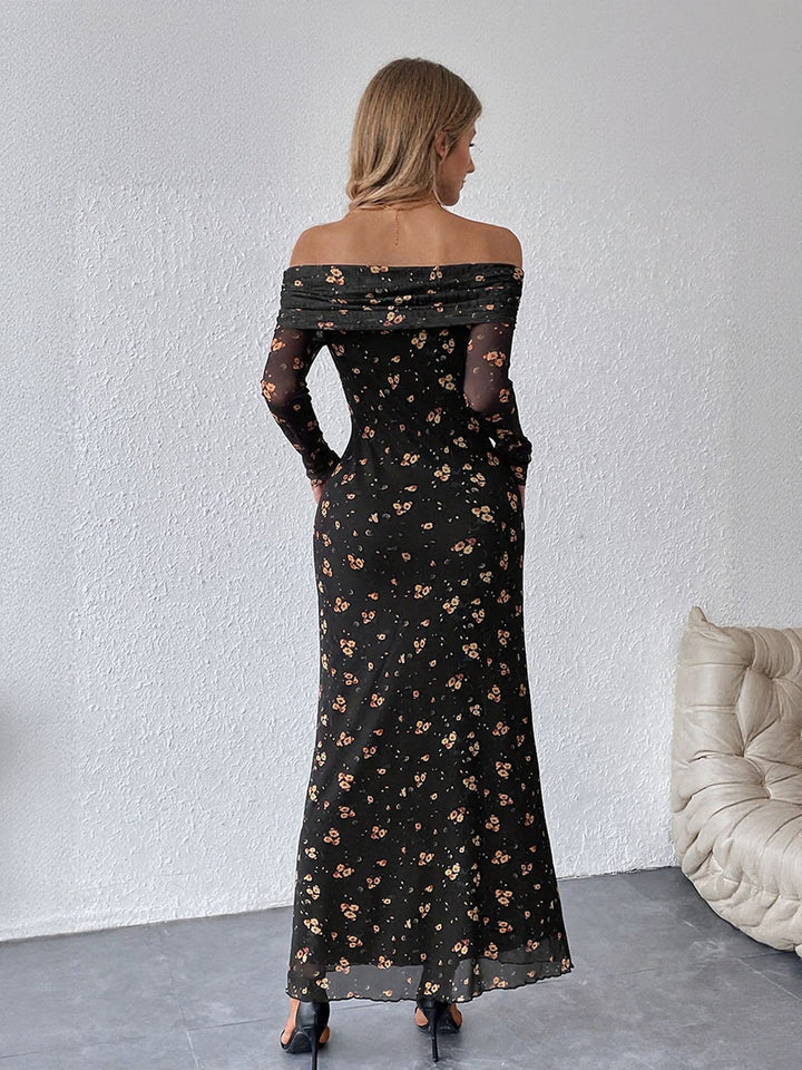 Black Floral Print Broad Neck Maxi Dress