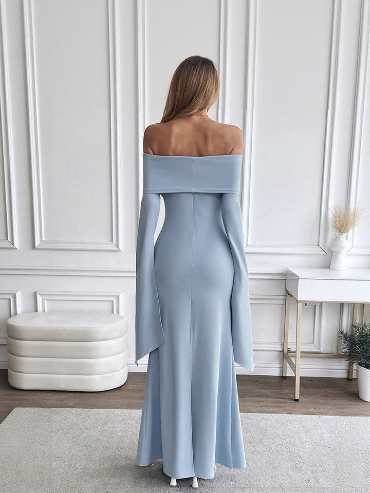 Blue Off Shoulder Full Sleeves Maxi Dress