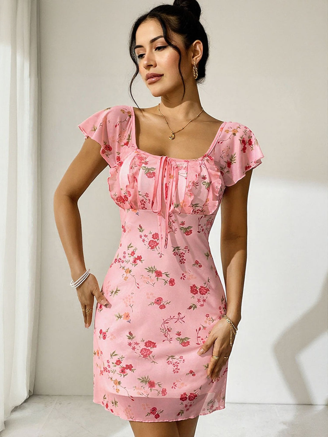 Pink Cap Sleeve Fit And Flare Dress