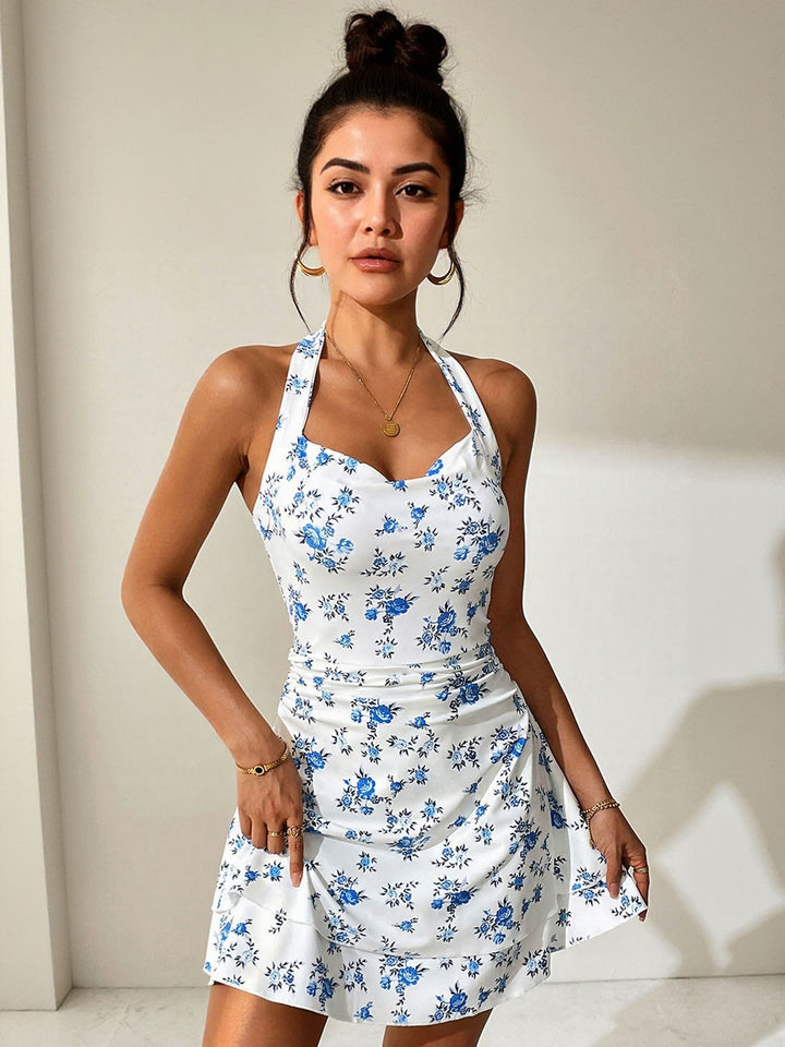 White Halter Neck Fit And Flare Dress