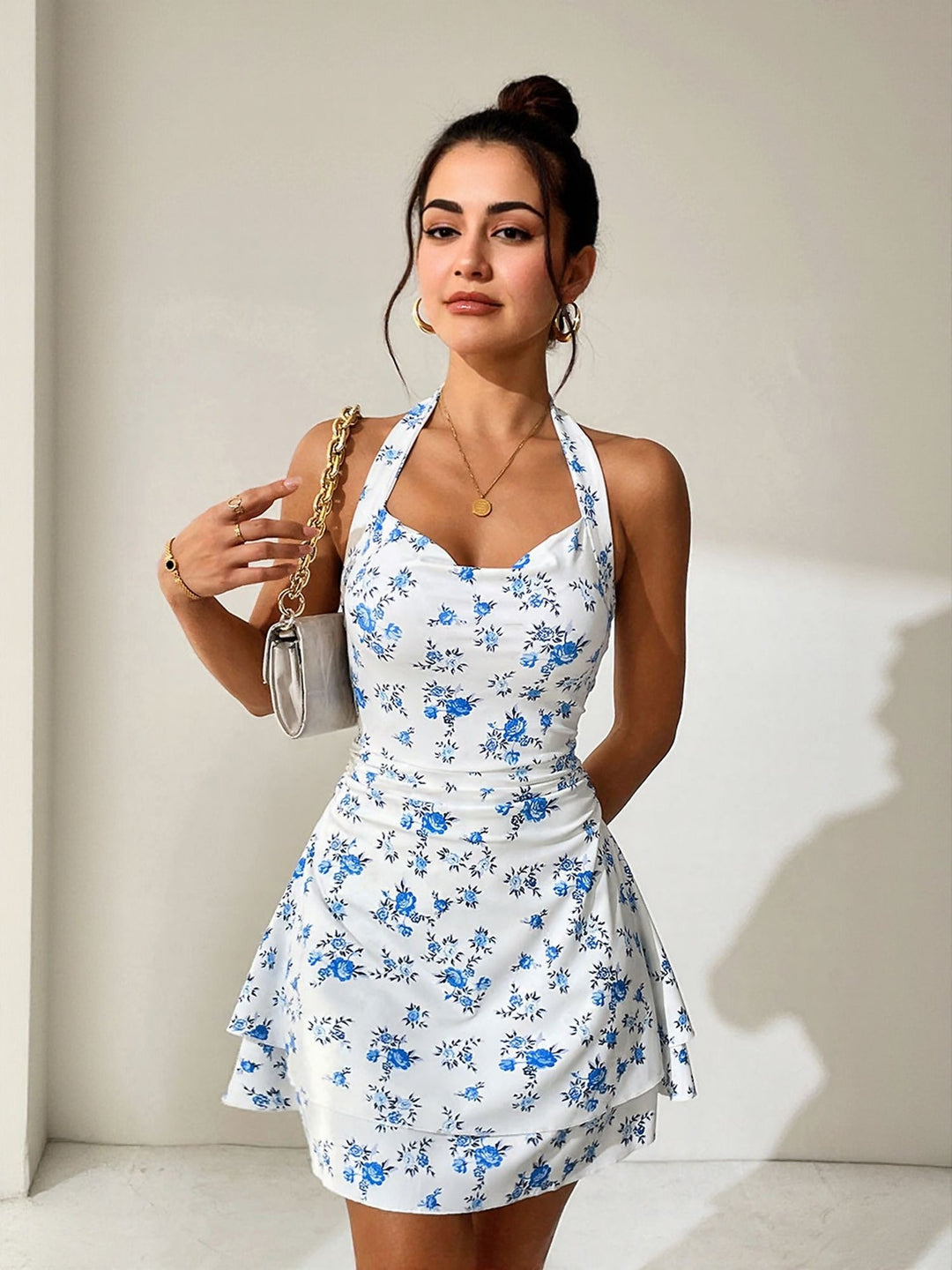 White Halter Neck Fit And Flare Dress