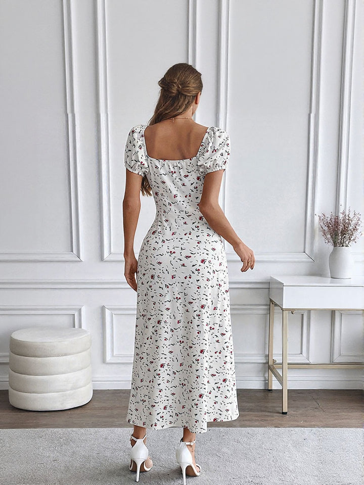 White Floral Print Front Slit Maxi Dress