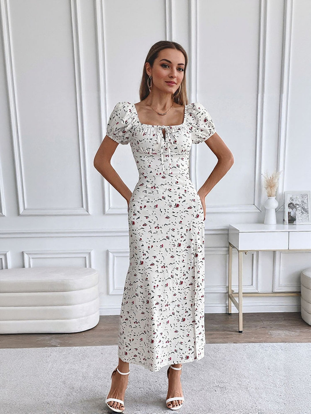 White Floral Print Front Slit Maxi Dress