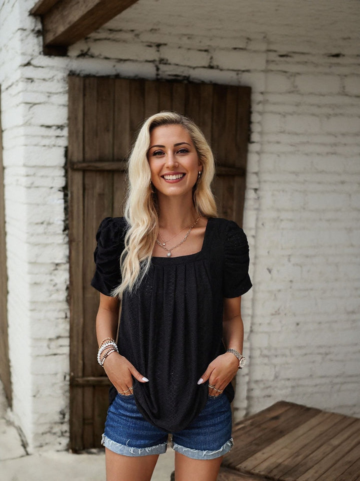 Black Square Neck Top With Pleats And Ruching At Sleeve