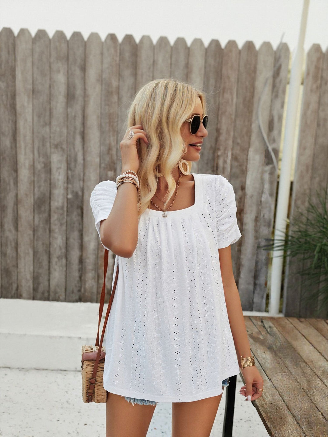 White Square Neck Top With Pleats