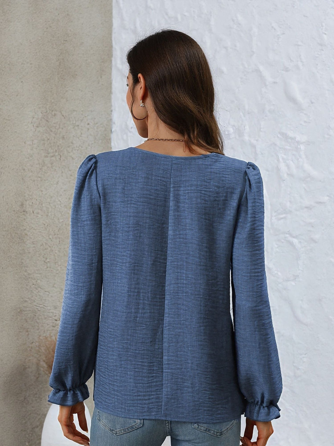 Blue V Neck Full Sleeves Casual Top