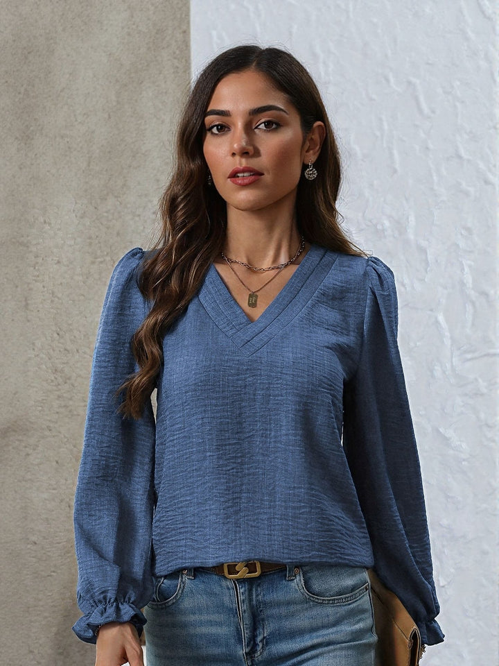 Blue V Neck Full Sleeves Casual Top