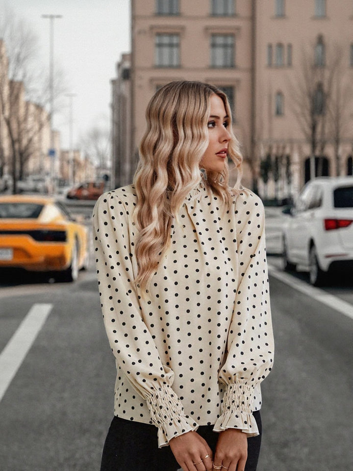 Off White Ruffle High Neck Full Sleeves Top