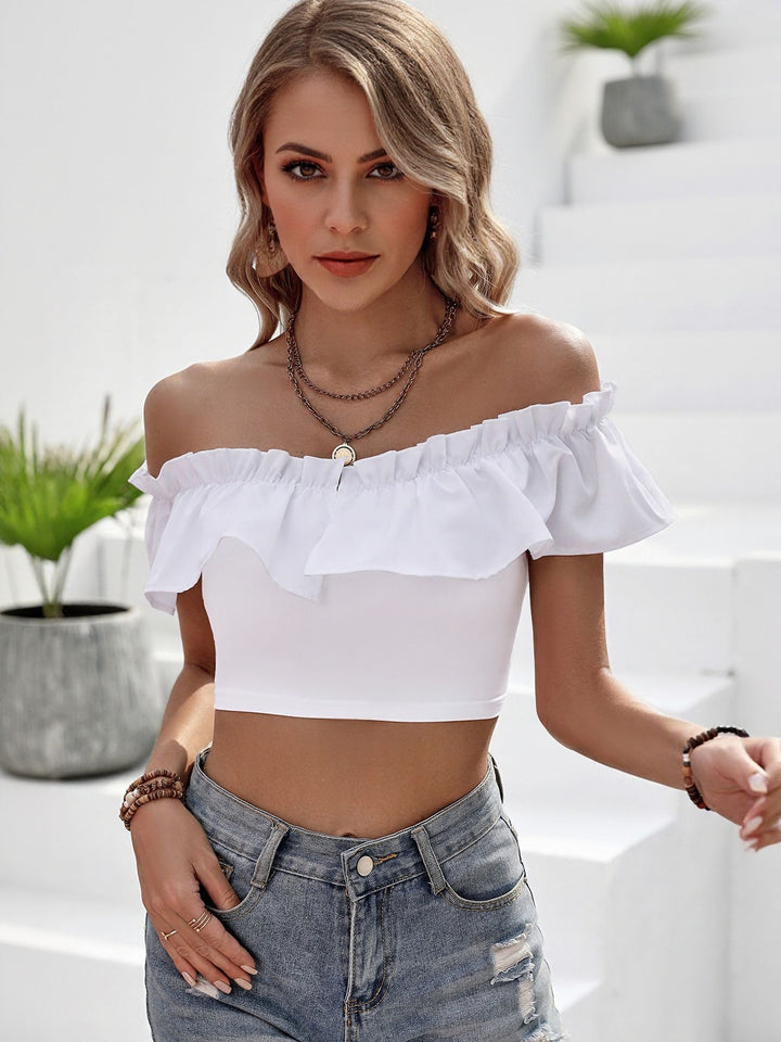 White Cropped Off Shoulder Top With Ruffle Detail