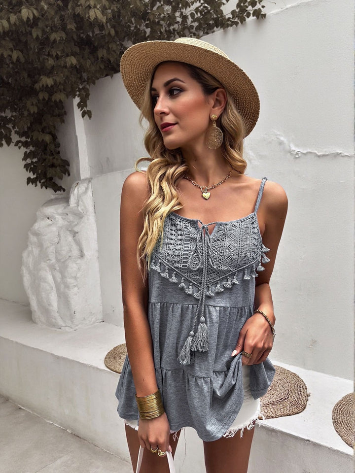 Grey Strappy Boho Top With Lace Detail