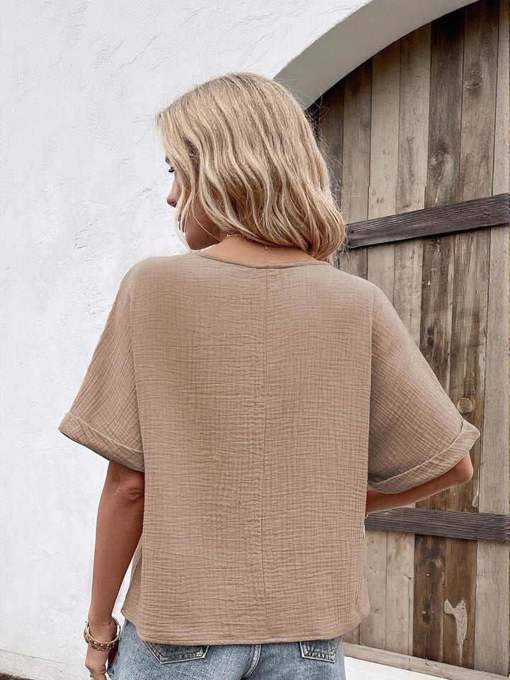 Brown Textured V Neck Top